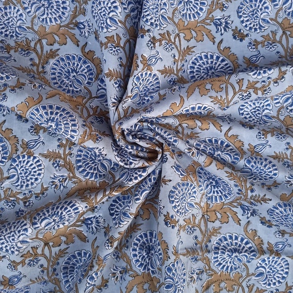 Indian soft Cotton Fabric By the Yard, Block Print Fabric, Blue Floral Fabric, Sewing Material, Dress Mkaing Fabric