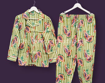 Handmade Cotton Pajama Set: Summer Papaya Print Lounge Wear