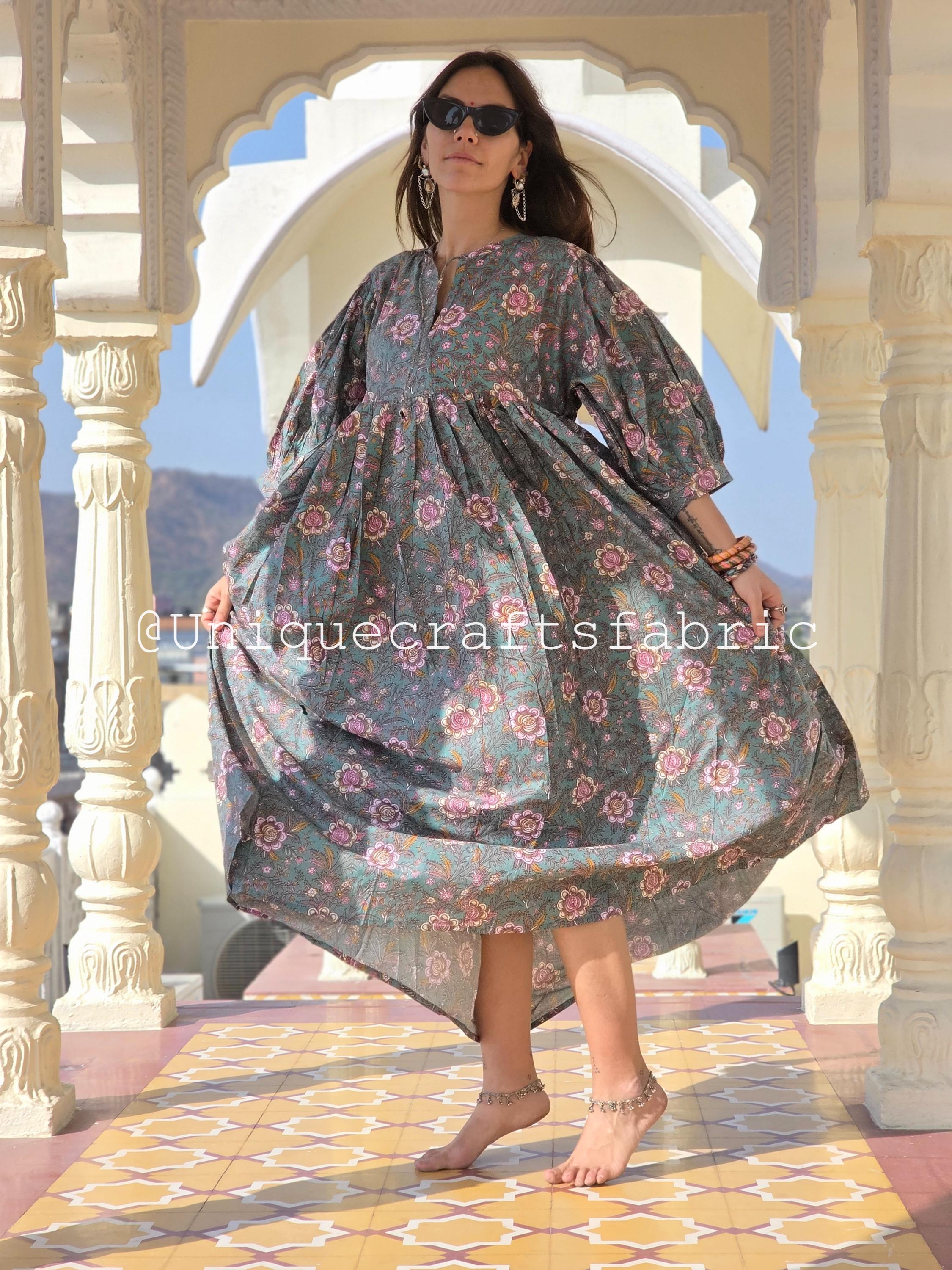 ハンドブロックプリントコットンミディドレス：プラスサイズフローラル