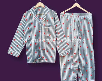 Heart Print Cotton Pajama Set, Bohemian Sleepwear