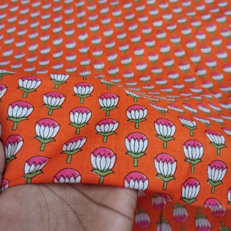 Indian Floral Block Print Cotton Fabric - Sewing Fabric by the