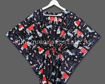 Christmas Print Cotton Kaftan Maxi Dress: Indian Loungewear
