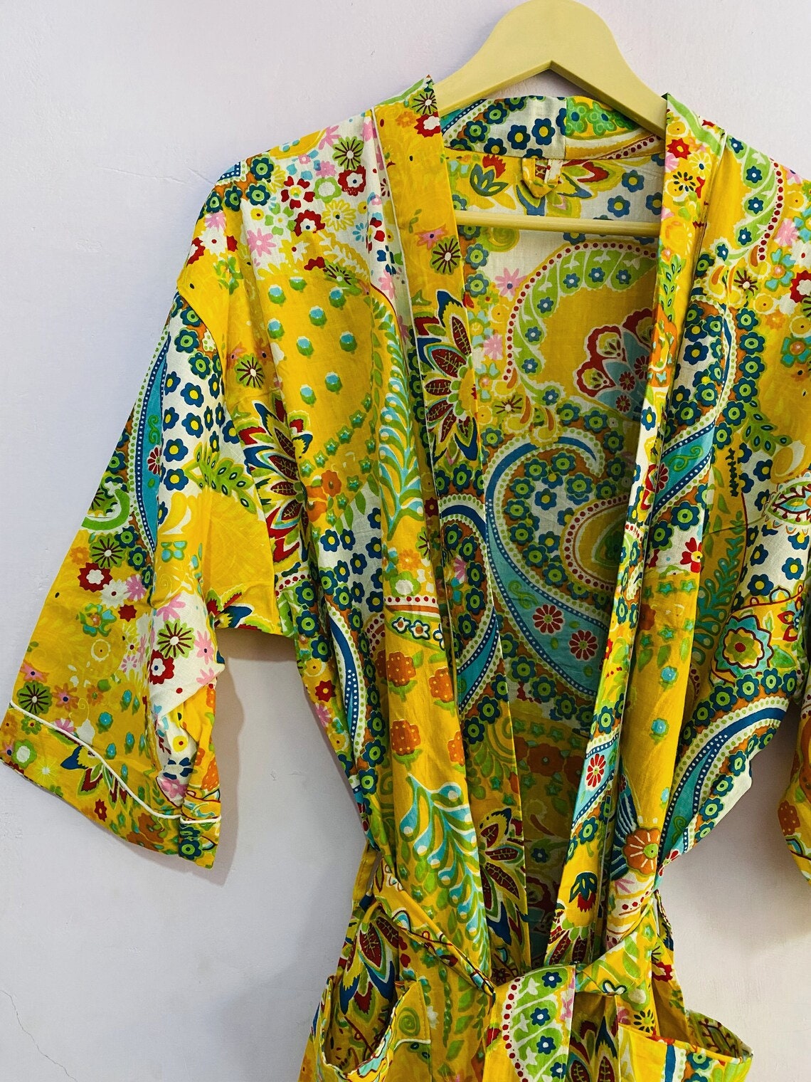 Yellow Floral Print Cotton Kimono Kimono Robe For Women | Etsy