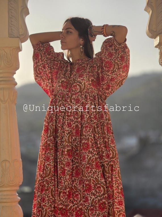 Hand Block Print Cotton Midi Dress - Bohemian Summer Dress