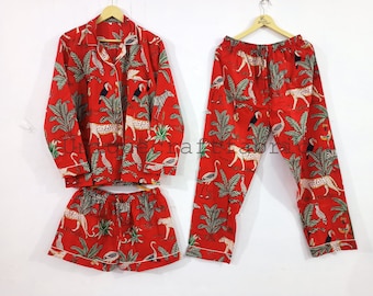 Red Animal Print Cotton Pajama Set: Women's Lounge Nightwear