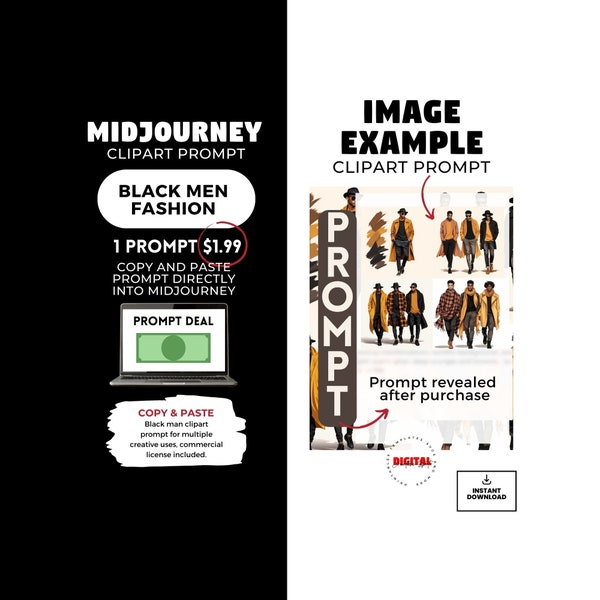 Midjourney Prompt Custom| Midjourney Black Men Fashion Clipart png| Midjourney Guide Examples|Prompts for Midjourney Clipart-mj45