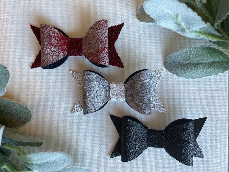 Toddler Bows Maroon Gray Lace and Sparkle Faux Leather Black