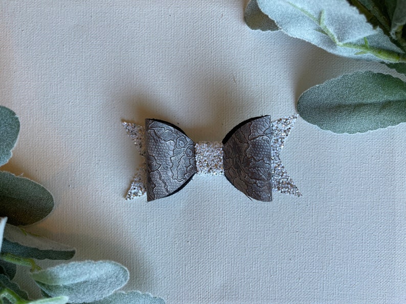 Toddler Bows Maroon Gray Lace and Sparkle Faux Leather Black