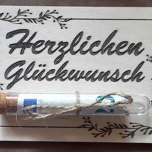 Geldgeschenk aus Holz mit Reagenzglas aus Kunststoff, HERZLICHEN GLÜCKWUNSCH, Geburtstagskarte, Karte aus Holz, Geburtstagstafel