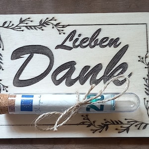 Geldgeschenk aus Holz mit Reagenzglas aus Kunststoff, LIEBEN DANK ,Geburtstagskarte, Karte aus Holz, Geburtstagstafel, Geschenkkarte