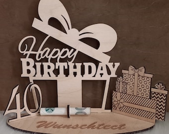 Happy Birthday Geschenk aus Holz, mit Geschenken und personalisierbar 40.