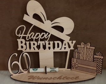 Happy Birthday Geschenk aus Holz, mit Geschenken und personalisierbar 60.