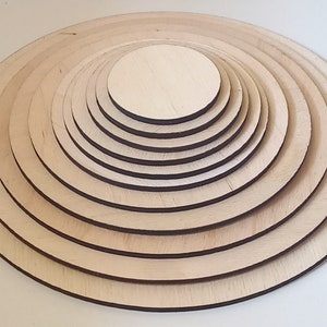 Wooden discs, blanks, 3 mm birch, various sizes, round in a pack of 5. Ideal for crafts, coasters