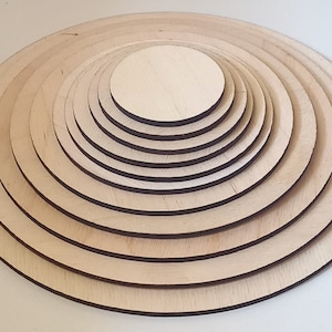 Könnte beinhalten: Ein Satz aus zehn Holzkreisen, die ineinander verschachtelt sind, mit einer natürlichen Holzoptik. Die Kreise sind in verschiedenen Größen, wodurch ein optisch ansprechendes Muster entsteht.