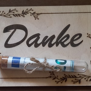 Geldgeschenk aus Holz mit Reagenzglas aus Kunststoff, DANKE Geburtstagskarte, Karte aus Holz, Geburtstagstafel, Geschenkkarte