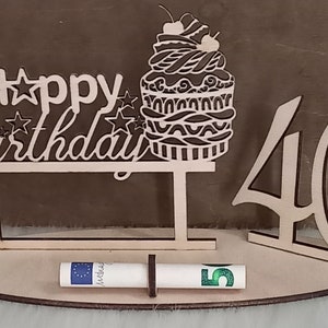 Happy Birthday Geschenk aus Holz, Cupcake, Geldgeschenk, 40. Geburtstag