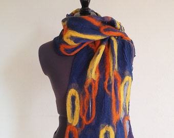 Felted silk scarf – handmade chiffon scarf felted with wool | Unique scarf in blue, orange, and yellow