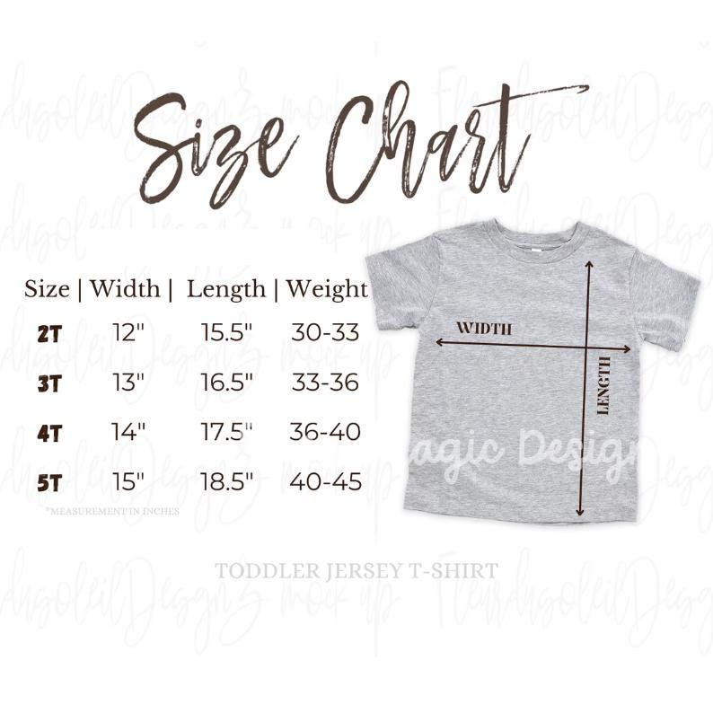 Puede incluir: Una tabla de tallas para camisetas de punto para ni&ntilde;os peque&ntilde;os. La tabla muestra las medidas para las tallas 2T a 5T, incluyendo ancho, largo y peso en pulgadas. Se muestra una camiseta gris con flechas que indican las medidas de ancho y largo.