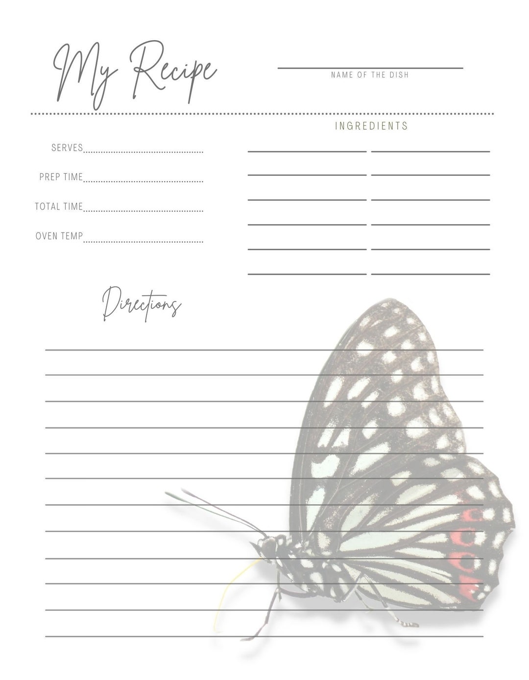 Butterfly Recipe Cards, Digital Download, 3 Pack, Pkg 12 Etsy