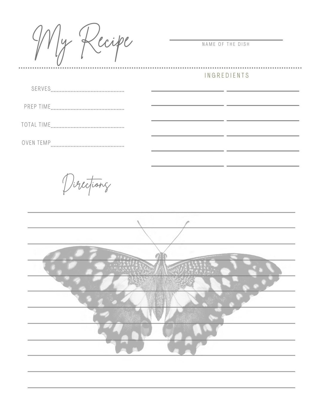 Butterfly Recipe Cards Printable Digital Download 3 Pack Etsy