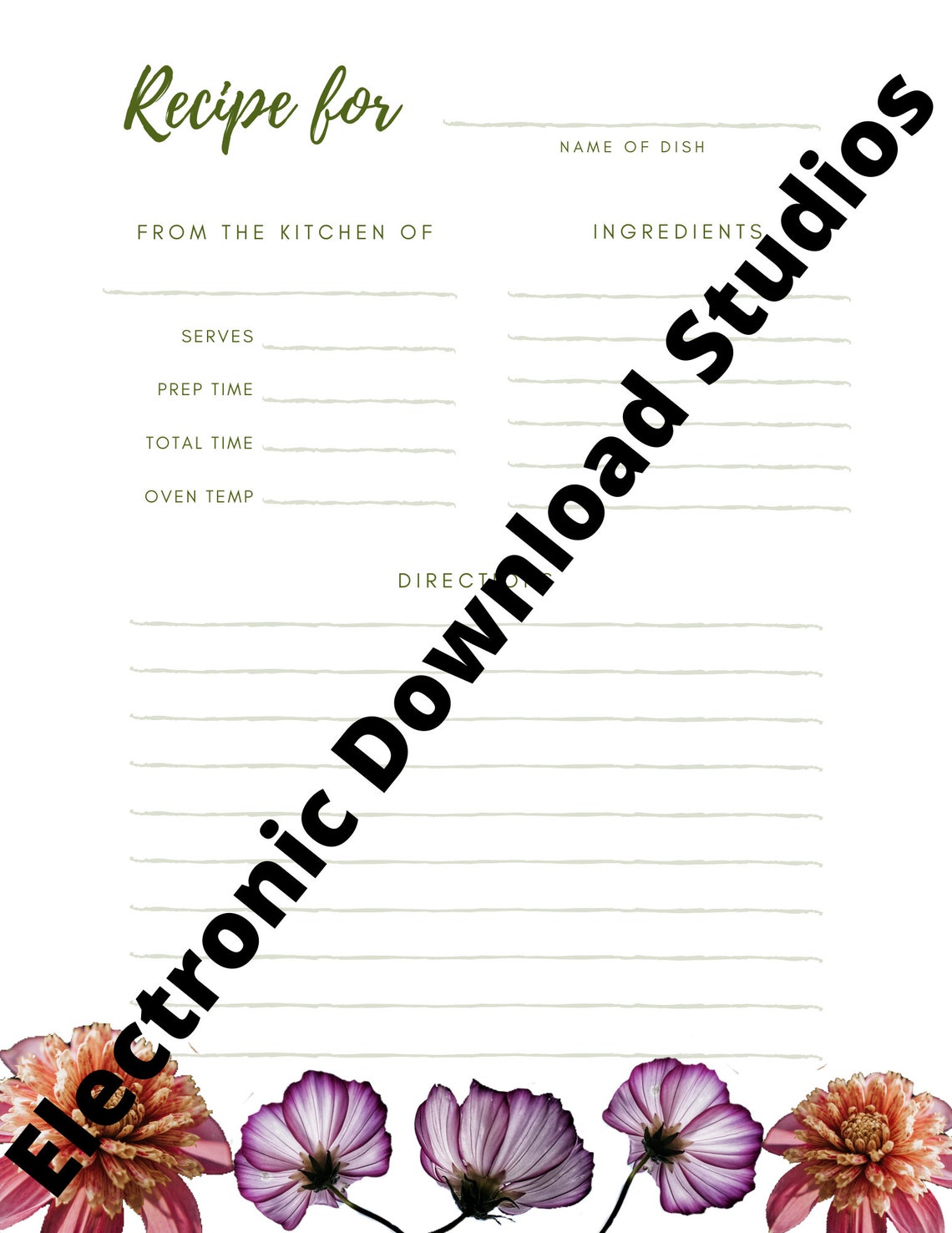 Floral Recipe Cards, Printable, Digital Download, 8 Pack, Pkg. 1 - Etsy