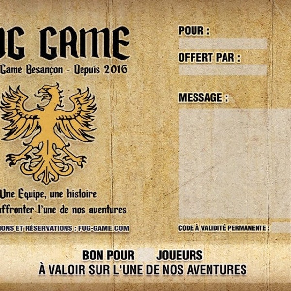 Bon Cadeau Dématérialisé (à recevoir par MAIL) FUG GAME - Session Complète