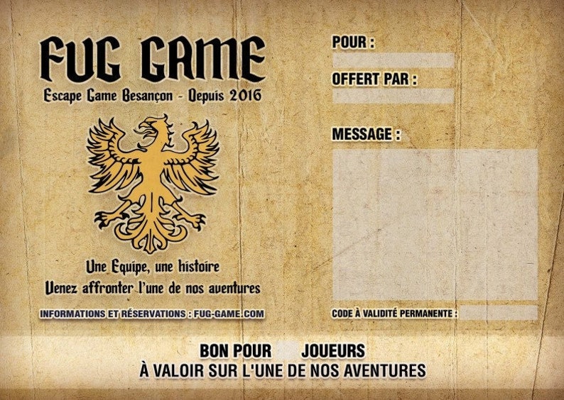 Bon Cadeau Dématérialisé à recevoir par MAIL FUG GAME Session Complète image 1