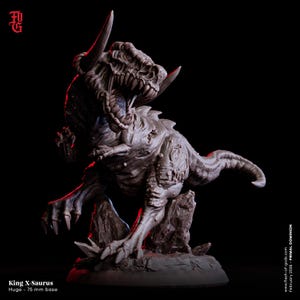May include: A detailed, gray sculpture of a dinosaur, the King X-Saurus, with sharp teeth and horns. The base is 75 mm. The sculpture is set against a black background. The text "King X-Saurus" and "Huge - 75 mm base" are visible.