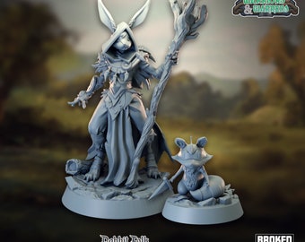 Rabbitfolk Druid w/ Familiar Miniature - D&D 5e - Dungeons and Dragons - Pathfinder - Fantasy Tabletop