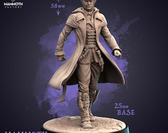 May include: A 38 mm tall miniature figurine of a humanoid figure with horns, wearing a long coat and holding a dagger. The figure is standing on a 25 mm base. The figure is painted in a light brown color. The text "SYRUS" is visible in the image.