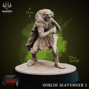May include: A detailed miniature figurine of a goblin scavenger, holding a dagger, standing on a 25mm base. The goblin is painted in a light brown color and has a fierce expression on its face. The miniature is part of the Marshes and Madlads collection.