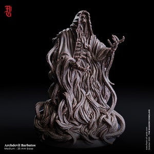 May include: A detailed miniature of an Archdevil Barbato, a skeletal figure with a hooded robe made of writhing tentacles. The miniature is painted in shades of brown and black, and stands on a 25 mm base.