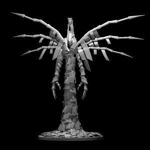 Puede incluir: Un modelo impreso en 3D de una criatura con un diseño esquelético y geométrico. La criatura tiene un cuerpo largo y delgado con una cabeza puntiaguda y brazos largos y delgados. La criatura está de pie sobre una base circular.