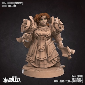 Könnte beinhalten: Eine 3D-gedruckte Miniatur einer Zwergenpriesterin, die eine Rüstung trägt und eine Waffe hält. Die Miniatur ist in hellbraun bemalt und 28 mm hoch. Die Miniatur ist Teil eines Sets von Miniaturen für ein Tabletop-Rollenspiel.