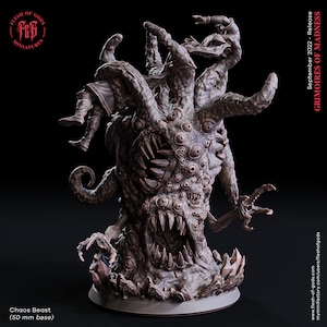 May include: A detailed miniature of a Chaos Beast, a multi-eyed, multi-limbed creature with a gaping maw, standing on a 50 mm base. The miniature is sculpted in a grey color and appears to be made of resin.