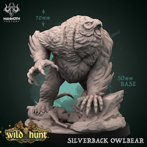 May include: A gray, 3D printed miniature of a Silverback Owlbear, a mythical creature with the head of an owl and the body of a bear. The miniature is 70 mm tall and stands on a 50 mm base. The Owlbear is depicted in a ferocious pose, with its claws bared and its mouth open in a roar. The miniature is designed for tabletop role-playing games.
