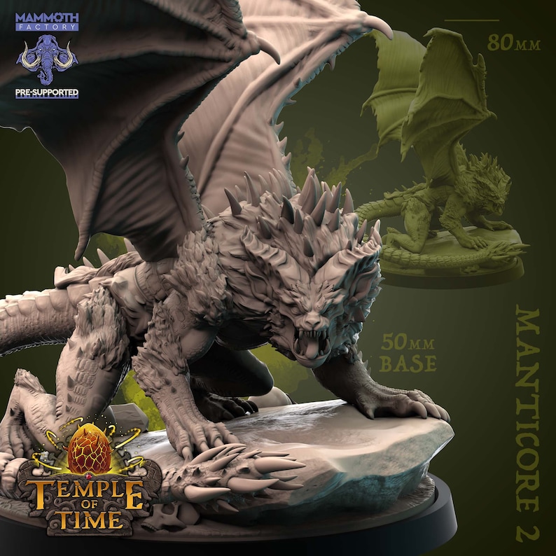 May include: A gray, detailed miniature of a Manticore with wings spread, standing on a 50 mm base. The miniature is pre-supported and comes from Temple of Time.