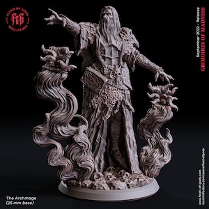 May include: A detailed miniature of a wizard casting a spell, with two swirling, ethereal tendrils of energy emanating from his hands. The wizard is wearing a long robe and holding a book with a pentagram symbol on the cover. The miniature is painted in a muted brown color scheme and stands on a circular base.