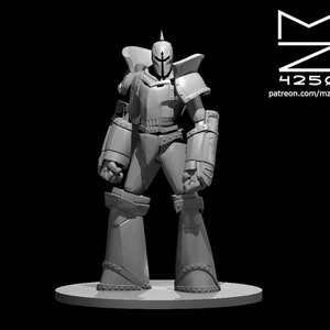 May include: A gray, 3D-printed figurine of a knight in full armor, standing on a circular base. The armor features detailed plating, rivets, and a helmet with a pointed crest. The figure is posed with clenched fists. The text "MZ 4250" and a website address are visible.