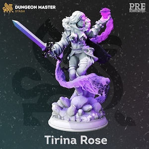 May include: A white 3D printed miniature of a female figure with long blonde hair, wearing armor and holding a glowing orb. She is standing on a rocky base with a purple swirling effect around her. The miniature is titled "Tirina Rose".