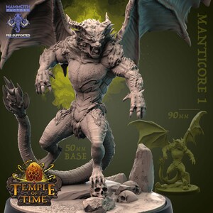 May include: A gray, detailed, 3D printed miniature of a Manticore, a mythical creature with a lion's body, a human head, and bat wings. The miniature is 90 mm tall and comes with a 50 mm base. The miniature is pre-supported and ready to be printed.
