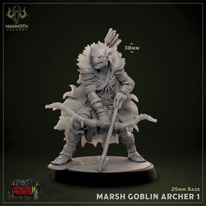 May include: A detailed miniature figure of a Marsh Goblin Archer 1, posed with a bow and arrow. The figure is gray, with a 38mm height measurement, and stands on a 25mm base. The figure has a detailed cloak and armor.