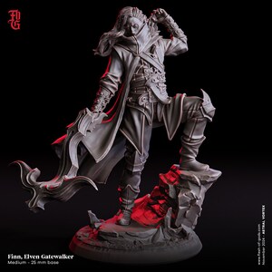 May include: A detailed figurine of Finn, Elven Gatewalker, in a dynamic pose. The figure is clad in a long coat and armor, with a weapon in hand. The base is 25 mm. The text "Finn, Elven Gatewalker" is visible. The figurine is a dark gray color.