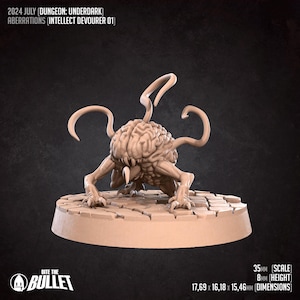 Puede incluir: Una miniatura impresa en 3D de una criatura con forma de cerebro con múltiples tentáculos, de pie sobre una base circular. La miniatura está a escala de 35 mm, tiene 8 mm de altura y mide 17,69 x 16,18 x 15,46 mm. La miniatura está pintada de color marrón claro.