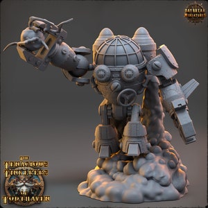 May include: A grey, detailed, steampunk-style robot miniature with a large, round head and a single arm extended forward, holding a smaller, detailed object. The robot is standing on a cloud-like base. The text "The Tenacious Tinkers of Todthaven" is visible in the lower left corner of the image.