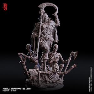 May include: A dark gray miniature figurine of a female figure with a skeletal appearance, holding a curved blade and standing on a base with three skeletal figures. The figure is wearing a dark cloak and armor. The base is made of a textured material.