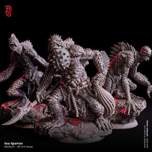 May include: Three gray Sea Spawn miniatures, each with detailed, textured skin, claws, and menacing expressions. The central figure is heavily armored with a rope-like belt. The base size is medium, 25 mm. The image includes the text "Sea Spawns" and "April 2025 - ABYSSAL DOOM".