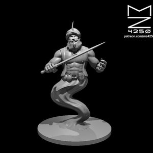 Może przedstawiać: Szara figurka 3D wydrukowana przedstawiająca dżina z brodą i turbanem, trzymającego miecz i stojącego na okrągłej podstawie.