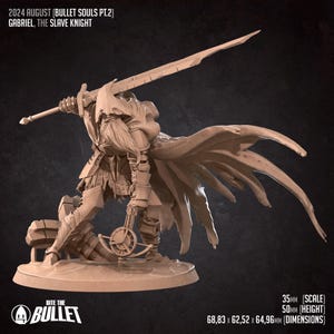 May include: A detailed figurine of Gabriel, The Slave Knight, from Bullet Souls Pt.2. The figure is in a dynamic pose, wielding a large sword. The dimensions are 68.83 x 62.52 x 64.96mm, with a height of 50mm. The scale is 35mm. The figurine is a light brown color.