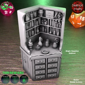 May include: A gray 3D printed model of a corner cabinet with shelves filled with potion bottles, jars, and other magical supplies. The cabinet has a countertop with a pentagram symbol and drawers below. The text "Magic Supplies Cabinet" is printed on the front of the cabinet.